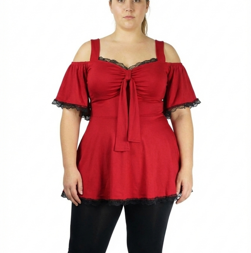 Size 26 Lace Trim Red Cold Shoulder Top Plus Size 4X